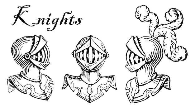 Contorno de cabezas dibujadas a mano de caballeros medievales en ilustración vectorial de armadura aislada en blanco