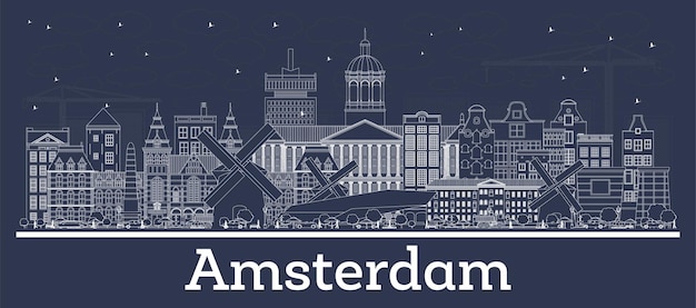 Contorno de la ciudad de Ámsterdam Holanda Horizonte con edificios blancos Viajes de negocios y turismo Concepto con arquitectura histórica Ámsterdam Países Bajos Paisaje urbano con puntos de referencia