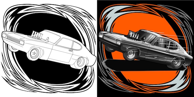 Vector contorno y coche de carreras pintado aislado en fondo negro para el diseño de la camiseta