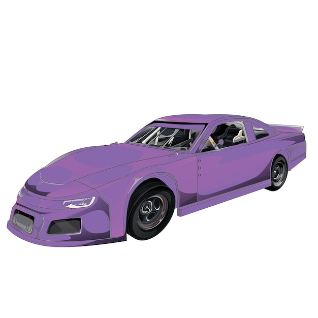 Contorno de coche de carreras púrpura y pintado aislado en fondo negro para el diseño de la camiseta