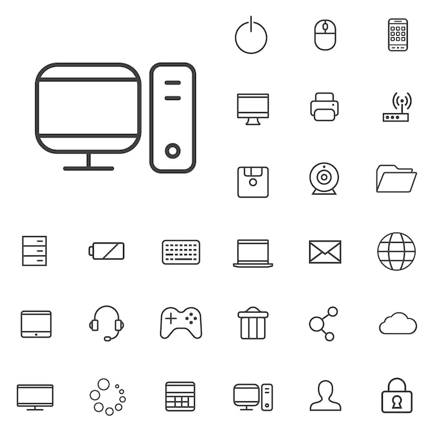 Contorno de computadora conjunto de iconos digitales planos y delgados