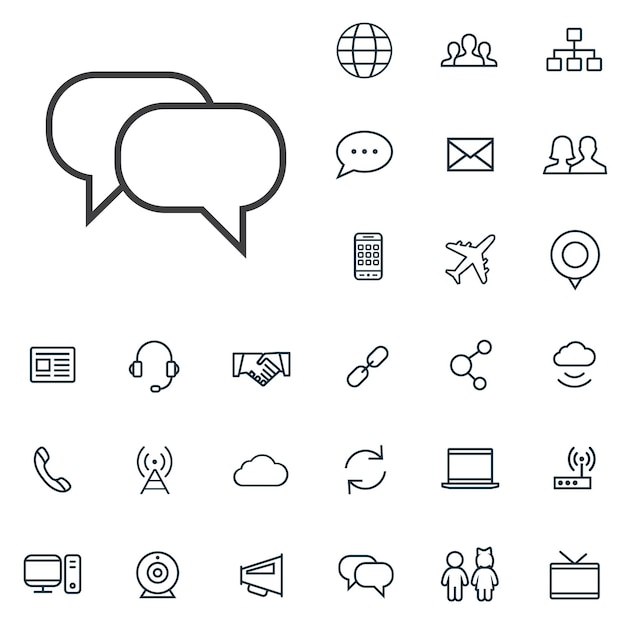 Vector contorno de comunicación conjunto de iconos digitales planos y delgados