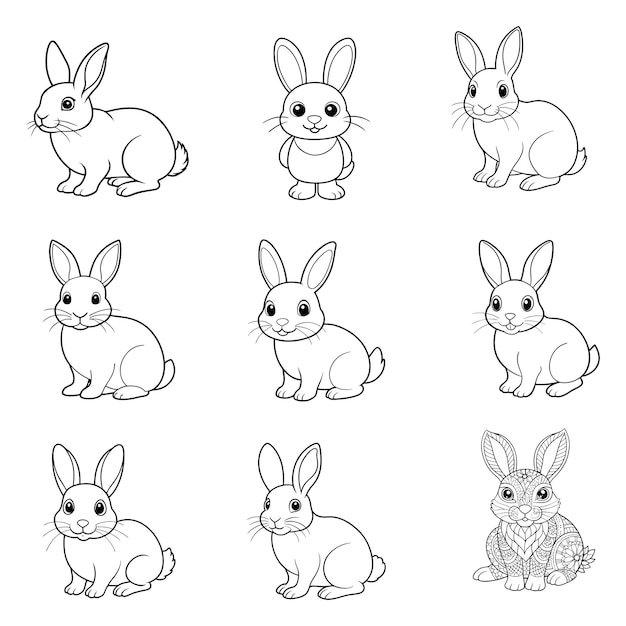 Contorno de conejo lindo Conjunto de ilustraciones vectoriales para sus diseños