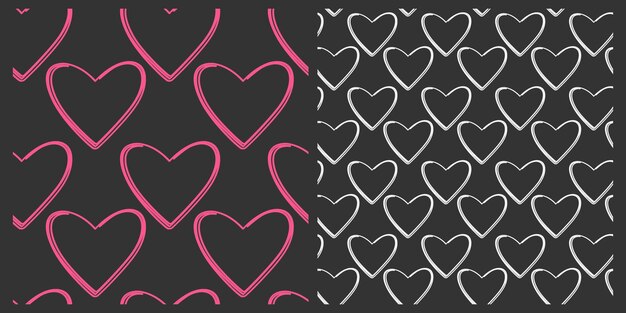 Contorno de corazones de tiza dibujados a mano de color rosa y blanco con patrón sin costuras en fondos oscuros conjunto de papel tapiz 2