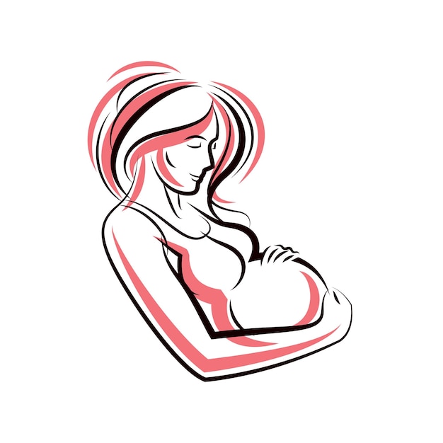 Contorno de cuerpo hermoso de mujer embarazada, ilustración dibujada por vector de futura madre. felicidad y tema de cuidado. día de la madre.