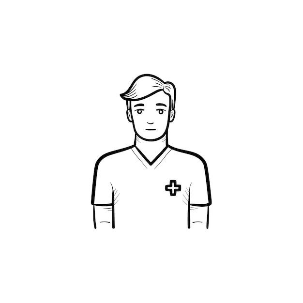 Contorno dibujado a mano enfermero doodle icono. Hombre de uniforme. Concepto de medicina y salud. Ilustración de dibujo vectorial para impresión, web, móvil e infografía sobre fondo blanco.