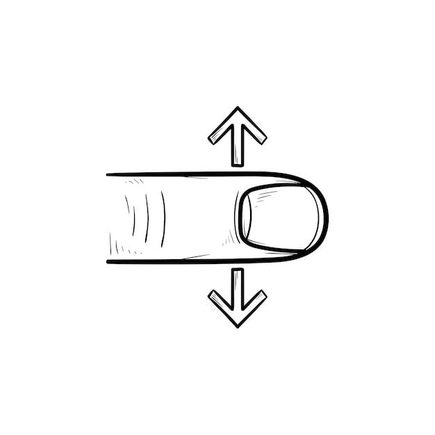 Contorno dibujado de mano de pantalla táctil de desplazamiento de dedo doodle icono. Desplácese hacia abajo, interfaz y concepto de dispositivo digital. Ilustración de dibujo vectorial para impresión, web, móvil e infografía sobre fondo blanco.
