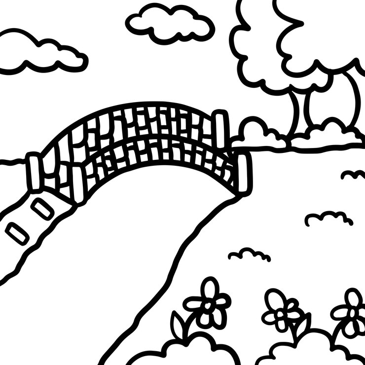 Contorno dibujado a mano de un parque con puentes, árboles, flores, hierba, río para niños, paisaje para libros de colorear