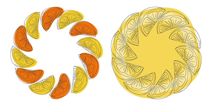 Vector contorno dibujado a mano rebanadas de limón y naranja abstractas manchas amarillas naranjas marco circular conjunto de bordes 2