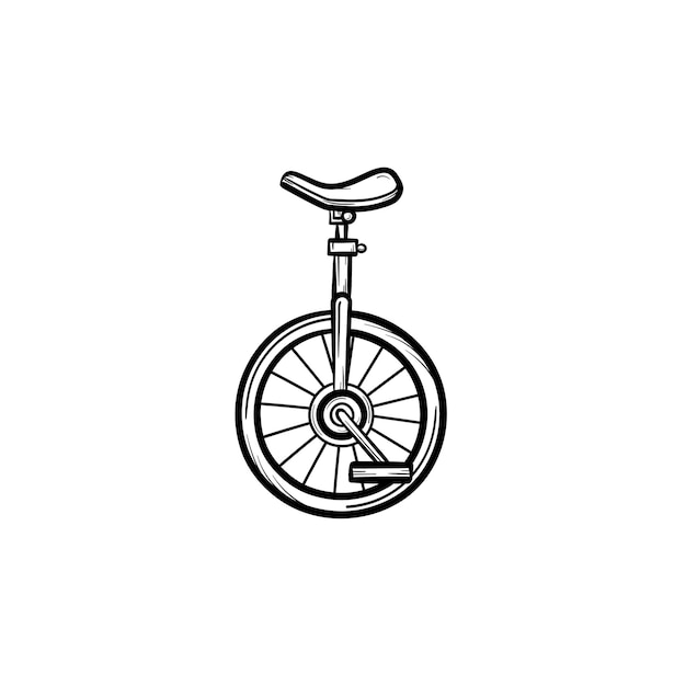 Contorno dibujado a mano de una rueda bicicleta doodle icono. Bicicleta con una rueda utilizada en acrobacias artistas ilustración de dibujo vectorial para impresión, web, móvil e infografía aislado sobre fondo blanco.