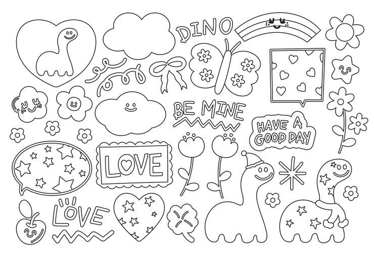 Contorno festivo de Navidad y Año Nuevo con burbujas de texto de dinosaurio pañuelo corazón para libro de colorear