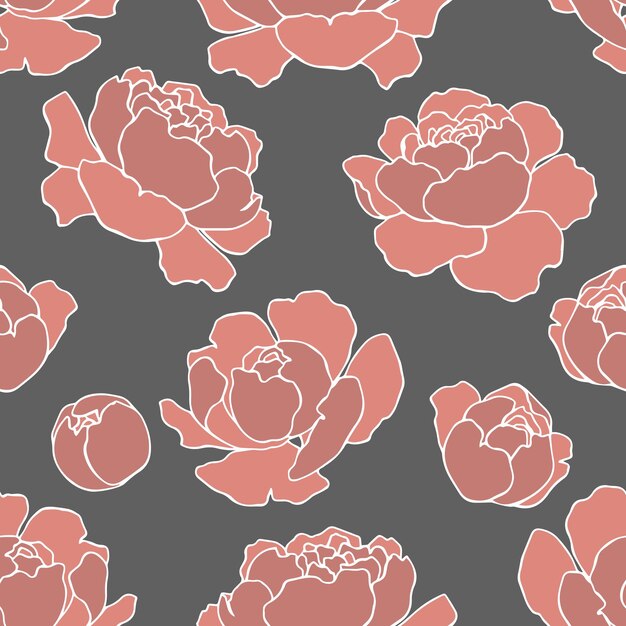 Contorno florístico botánico flores peonías capullos abiertos Vector dibujado a mano de moda aislado patrón floral minimalista Textura transparente para web textil y papelería