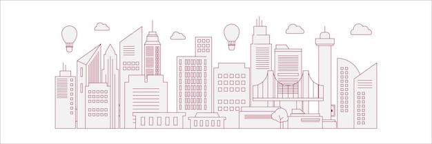 Contorno futurista de punto de referencia urbano silueta del horizonte paisaje urbano con automóviles de la ciudad y edificios panorámicos ilustración vectorial de fondo en estilo de diseño plano en líneas rojas