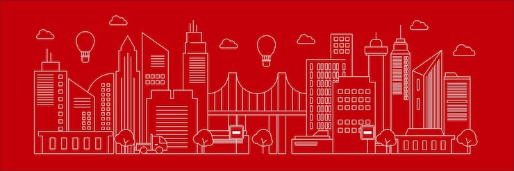 Vector contorno futurista de punto de referencia urbano silueta del horizonte paisaje urbano con automóviles de la ciudad y edificios panorámicos ilustración vectorial de fondo en estilo de diseño plano sobre fondo rojo con líneas blancas