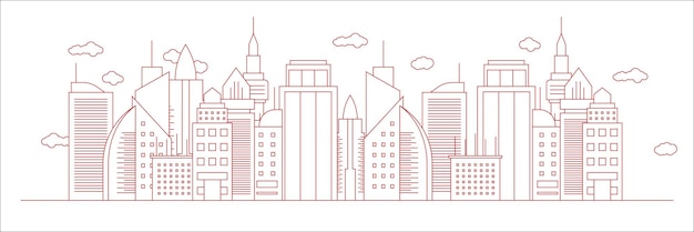 Contorno futurista de punto de referencia urbano silueta del horizonte paisaje urbano con automóviles de la ciudad y edificios panorámicos ilustración vectorial de fondo en estilo de diseño plano