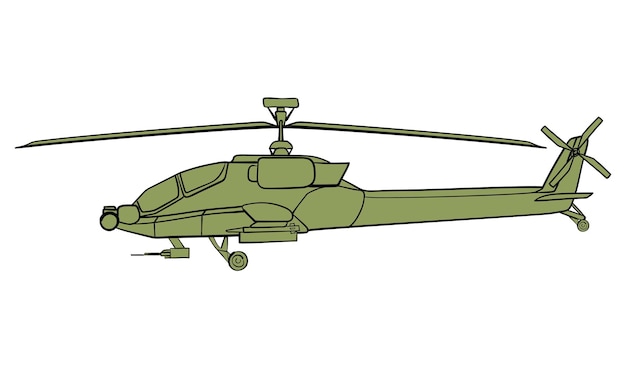 Contorno de helicóptero militar Boeing AH64 Apache Doodle vista lateral Ilustración vectorial colorida