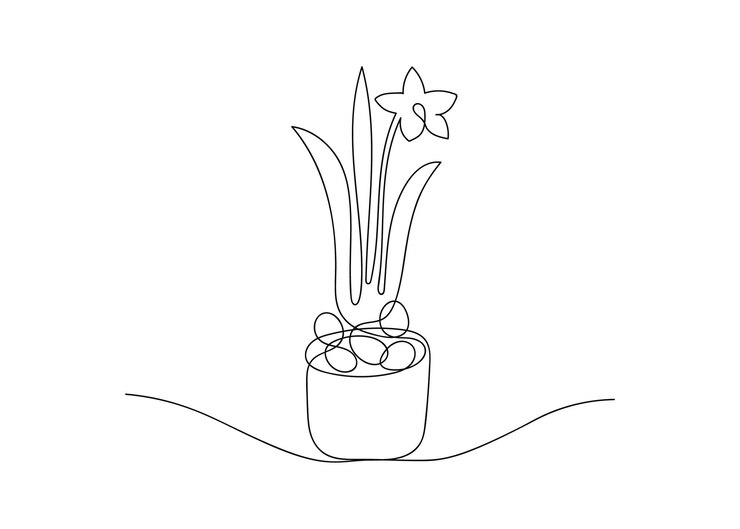 Contorno de huevos de Pascua y narciso en flor Flor en olla Dibujo festivo continuo de una línea