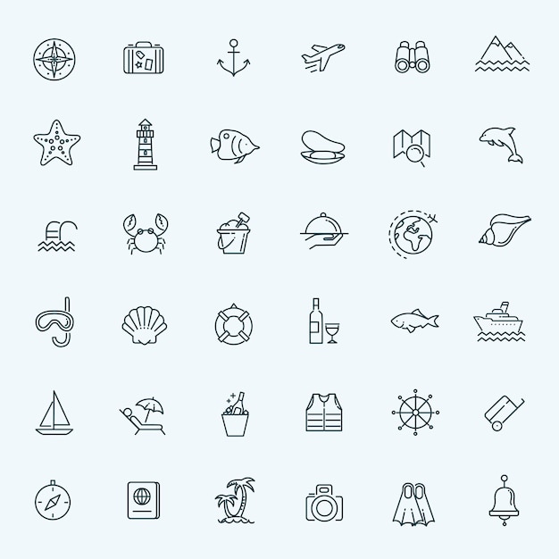 Contorno del icono de la web conjunto de viajes vacaciones crucero