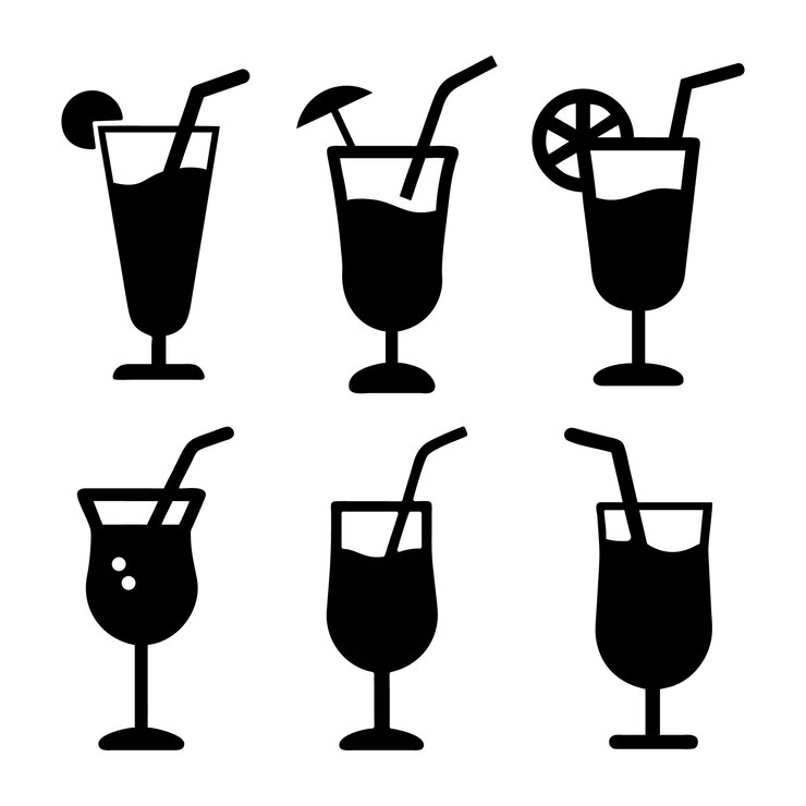 el contorno de los iconos de cócteles en blanco y negro