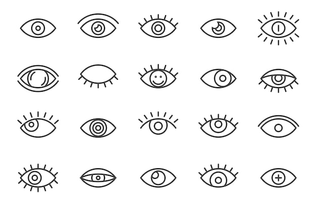 Contorno de los iconos de los ojos Simple línea delgada globo ocular pestañas signos vista humana salud ciencia medicina concepto Vector colección aislada
