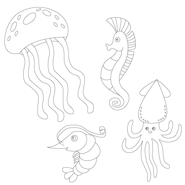 El contorno de imágenes prediseñadas de animales acuáticos ambientado en estilo de dibujos animados incluye 4 animales acuáticos para niños y niños.