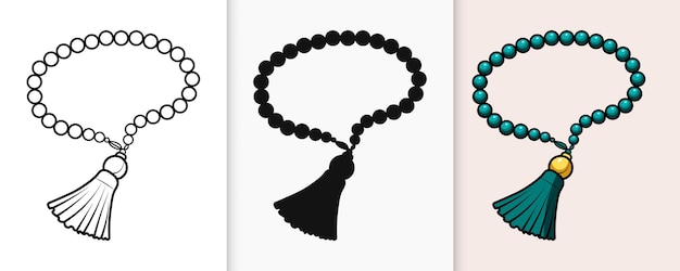 Contorno islámico de tasbih y icono de silueta con ilustración vectorial plana aislada
