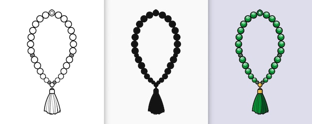 Contorno islámico de tasbih y icono de silueta con ilustración vectorial plana aislada