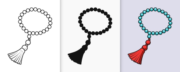 Contorno islámico de tasbih y icono de silueta con ilustración vectorial plana aislada