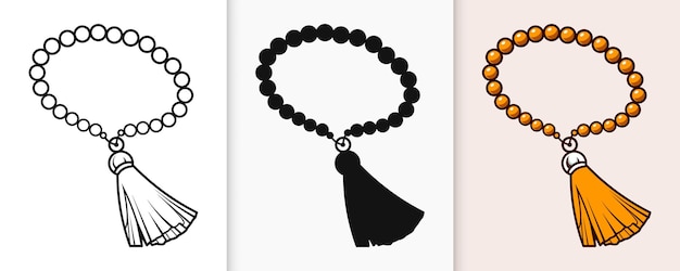 Contorno islámico de tasbih y icono de silueta con ilustración vectorial plana aislada
