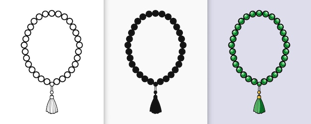 Contorno islámico de tasbih y icono de silueta con ilustración vectorial plana aislada