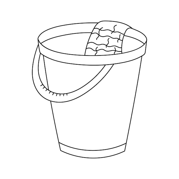Contorno lindo cubo de plástico con trapo en él para lavar el suelo y limpiar el apartamento cubo de garabateo dibujado a mano con tela para la limpieza húmeda equipo gracioso de polvo suciedad aislado en fondo blanco