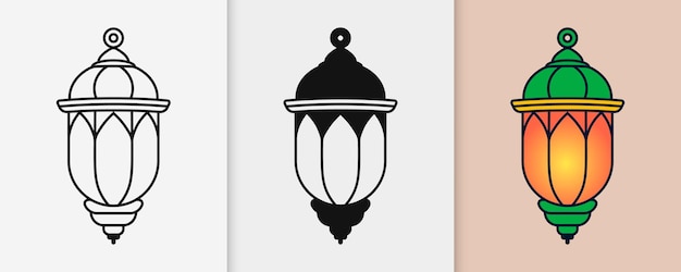 Contorno de linterna islámica y icono de silueta con ilustración vectorial plana aislada