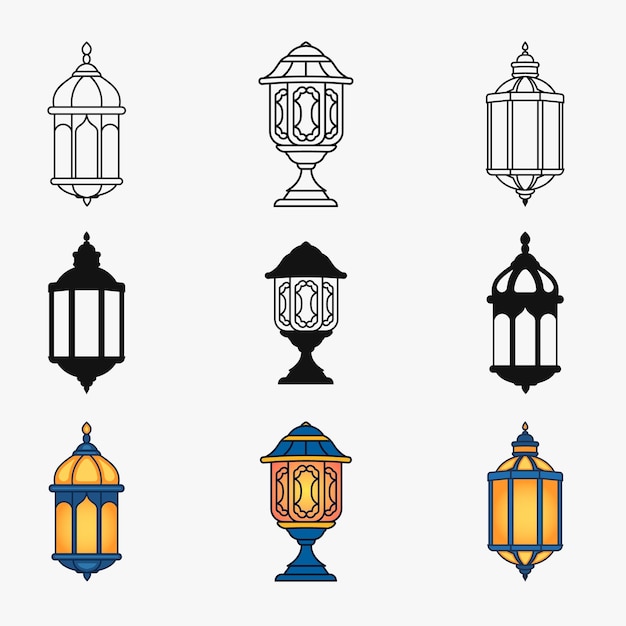 Contorno de linterna islámica y icono de silueta con ilustración vectorial plana aislada