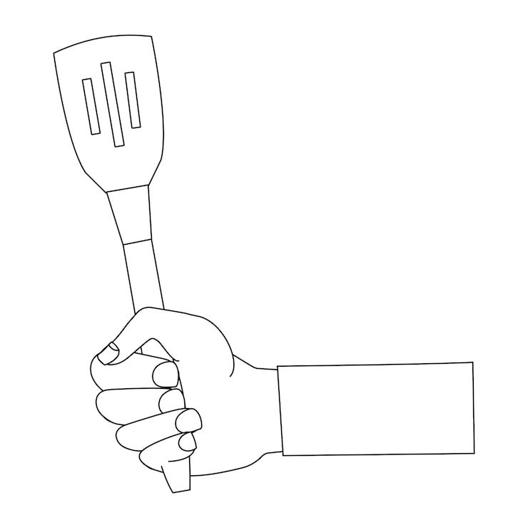 Vector contorno de la mano con herramientas de cocina utensilios de cocina divertidos sostenidos por una mano descritos para el libro de colorear
