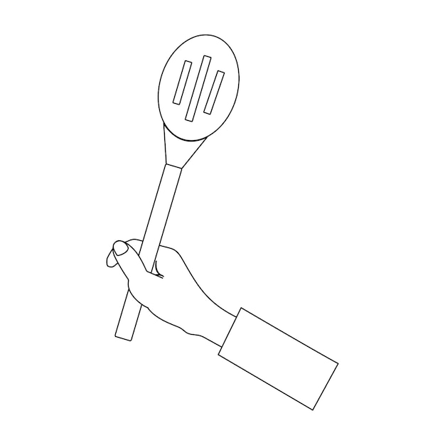 Contorno de la mano con herramientas de cocina utensilios de cocina divertidos sostenidos por una mano descritos para el libro de colorear