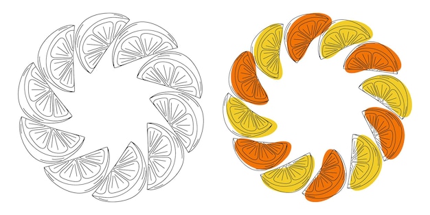 Contorno a mano libre limón rebanadas de naranja naranja amarillo manchas abstractas marcos circulares copia espacio conjunto 2