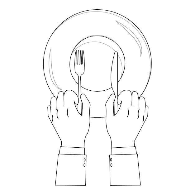 Contorno Manos sosteniendo cubiertos con plato vacío adecuado para un libro de colorear El icono de diseño de la línea