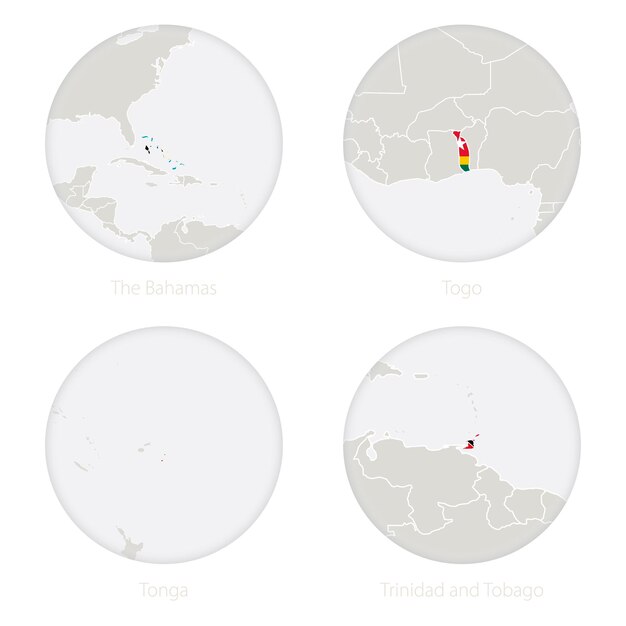 El contorno del mapa de bahamas, togo, tonga, trinidad y tobago y la bandera nacional en un círculo. ilustración de vector.