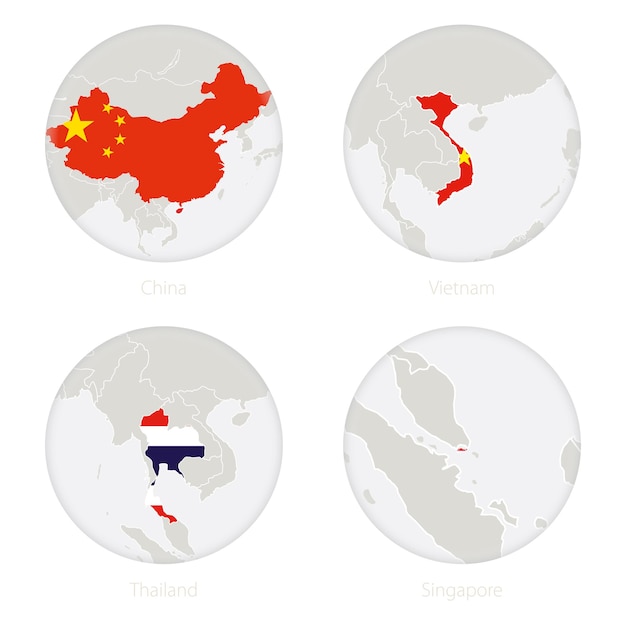 Contorno del mapa de China, Vietnam, Tailandia, Singapur y bandera nacional en un círculo. Ilustración vectorial.