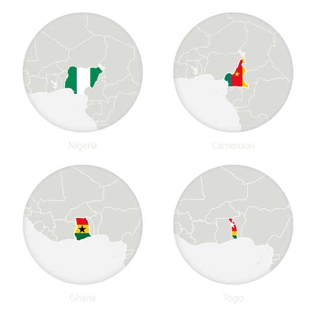 Contorno de mapa de nigeria, camerún, ghana, togo y bandera nacional en un círculo. ilustración vectorial.