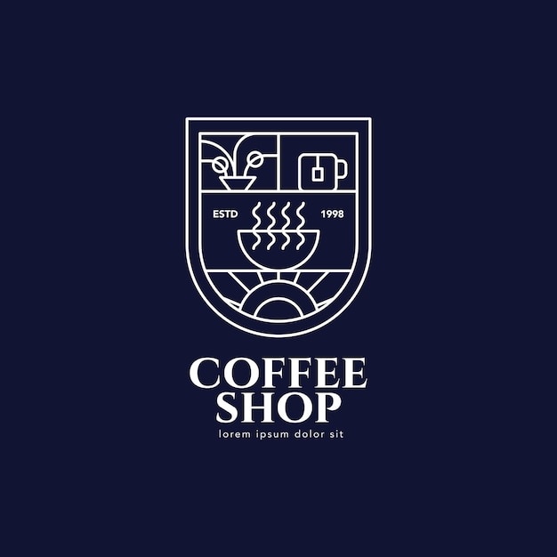Vector contorno minimalista de diseño de logotipo de cafetería de línea con ilustración de taza y sol