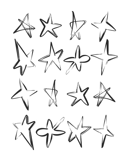 Vector contorno negro dibujado a mano conjunto de estrellas.