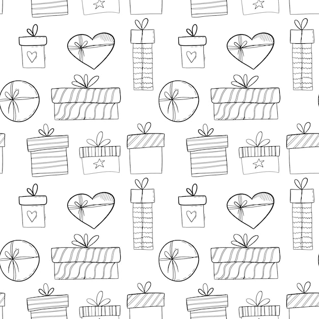 Contorno negro doodle cajas de regalo de patrones sin fisuras sobre fondo blanco