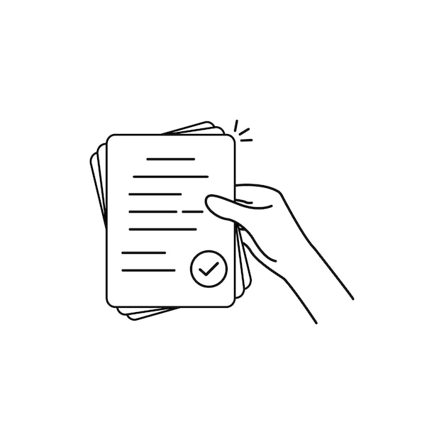 Contorno negro mano sosteniendo contrato papel plano lineal inteligente tendencia moderno logotipo gráfico diseño de línea delgada aislado en fondo blanco concepto de brazo de mujer