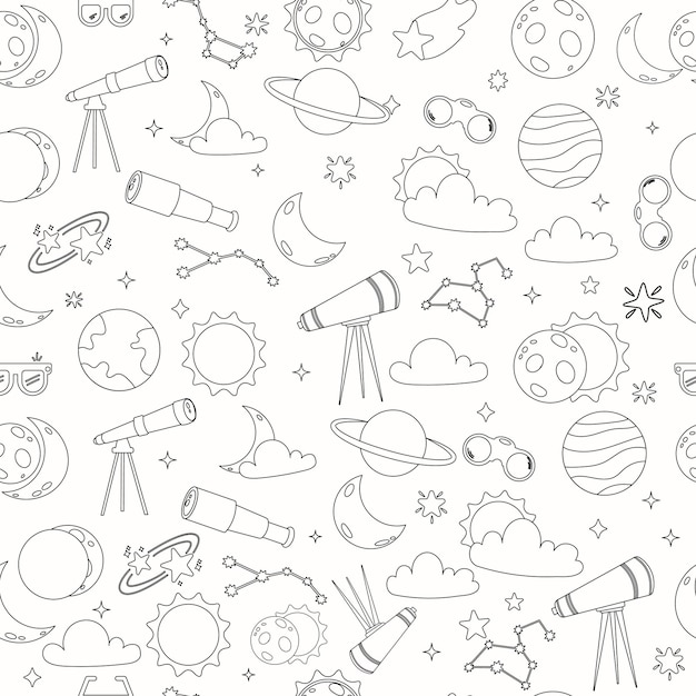 Contorno de patrón sin costuras eclipse solar lindo en estilo de dibujos animados plano