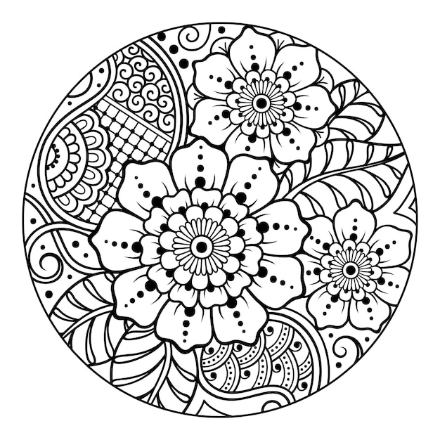 Contorno patrón floral redondo para colorear la página del libro coloración antiestrés para adultos y niños patrón de garabato en blanco y negro ilustración de vector de dibujo a mano