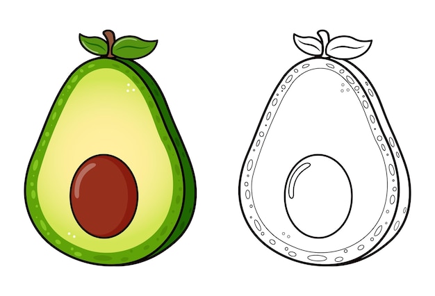 El contorno de un personaje de aguacate gracioso, una ilustración de dibujos animados, un libro de colorear, un vector dibujado a mano.