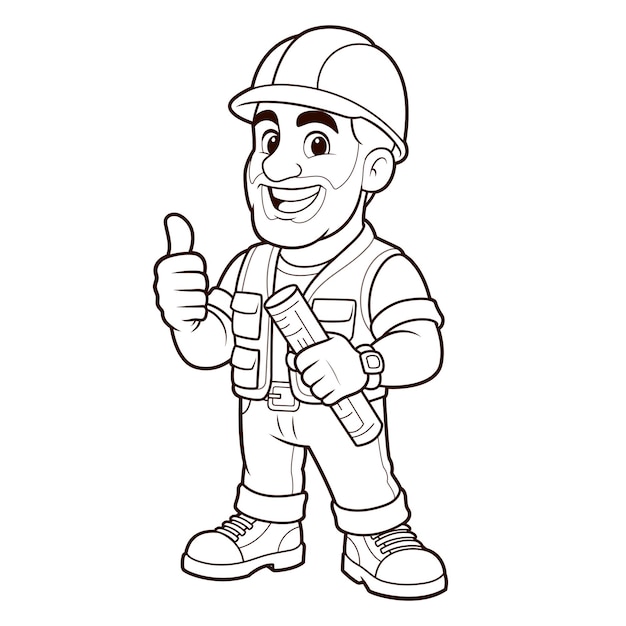 Contorno del personaje del trabajador sonriente Cartoon Handyman Line Art