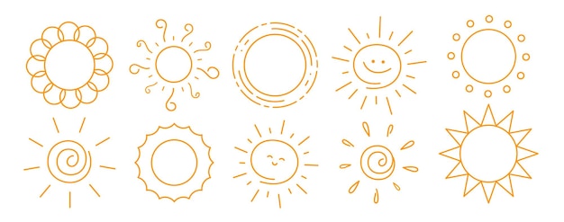 Contorno del sol dibujo clipart conjunto de arte de clip del sol naranja en el dibujado a mano símbolo y colección de iconos