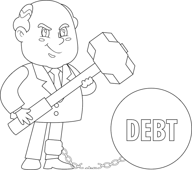 Contorno sonriente jefe de negocios hombre personaje de dibujos animados con gran martillo cortar cadena con bola de deuda